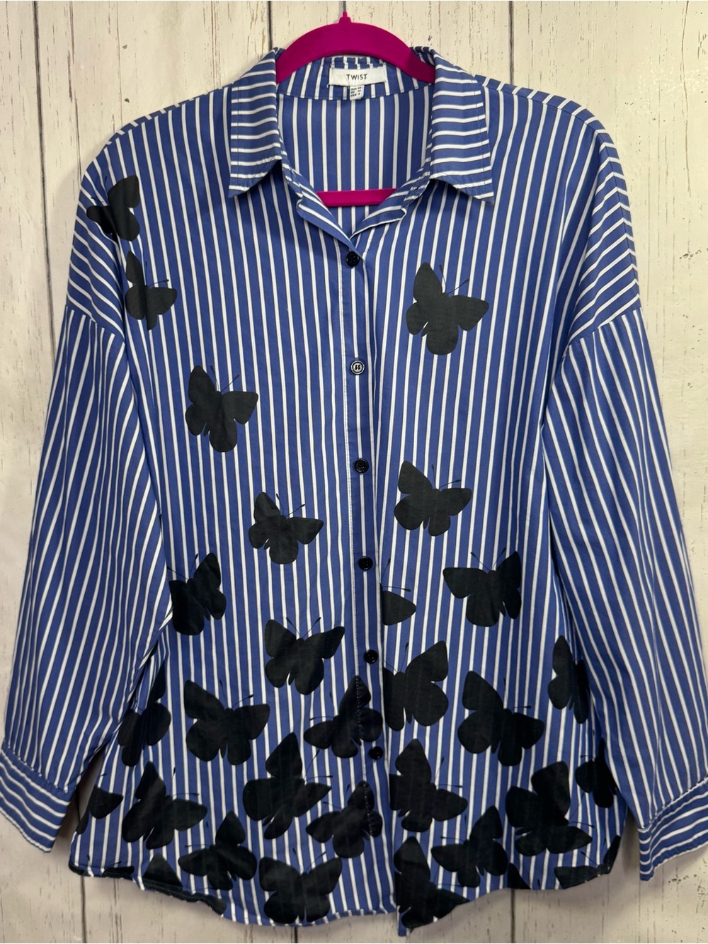 Twist Butterfly Stripe Blue Button Up Shirt Artsy Whimsigoth Cottagecore Size 8